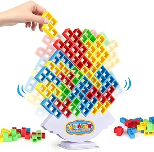 64 Pcs Stacking Tower Game with 22 Cards, Giant Tumble Balance Game for Kids, Family Games