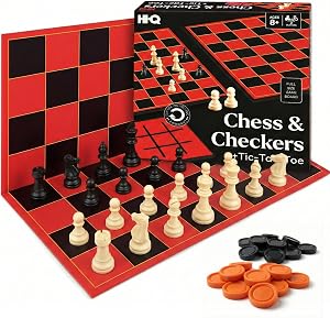 3-in-1 Chess, Checkers & Tic-Tac-Toe Game Set – Double-Sided Folding Board – Staunton 