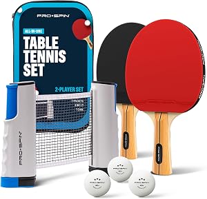 PRO-SPIN Portable Ping Pong Set with Retractable Ping Pong Net for Any Table, All-in-One T