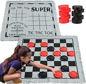 3-in-1 Vintage Giant Checkers, Tic, Tac, Toe, with Reversible Mat, 24 Chips, Family Board 